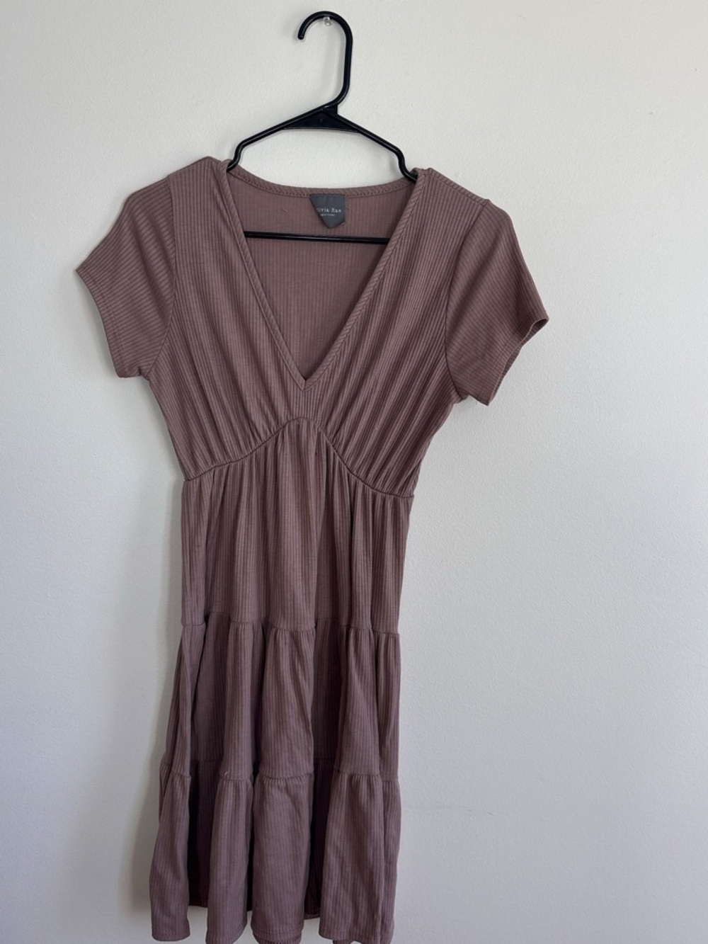 Olivia Rae Mauve Brown Ribbed V-Neck Tiered Mini Dress